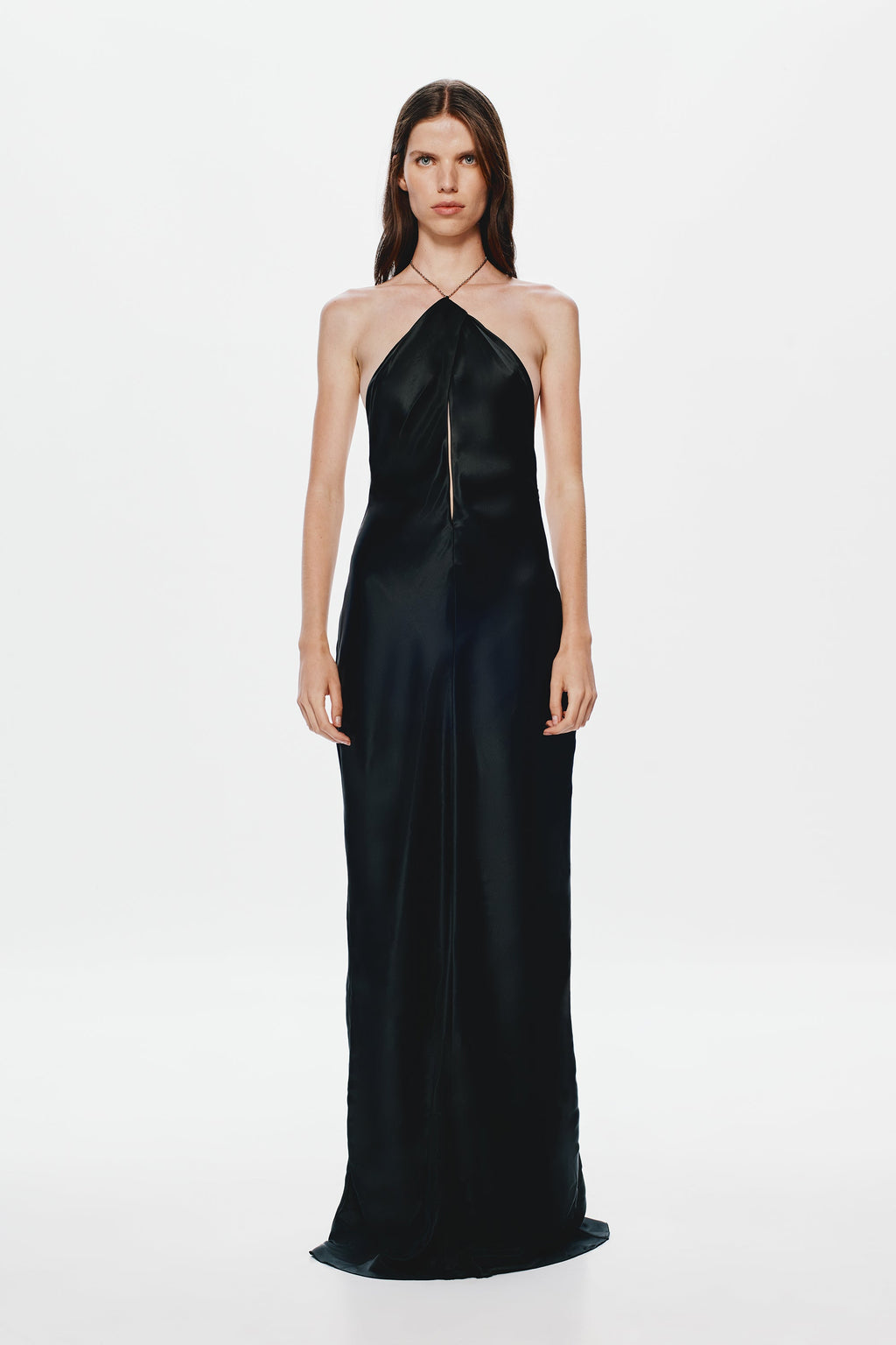 Black satin halter evening dress with high halter neck and floor-length column skirt.