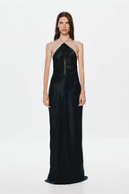 Black satin halter evening dress with high halter neck and floor-length column skirt.