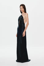 Black satin halter gown, sleeveless column fit with draped front seam detail.