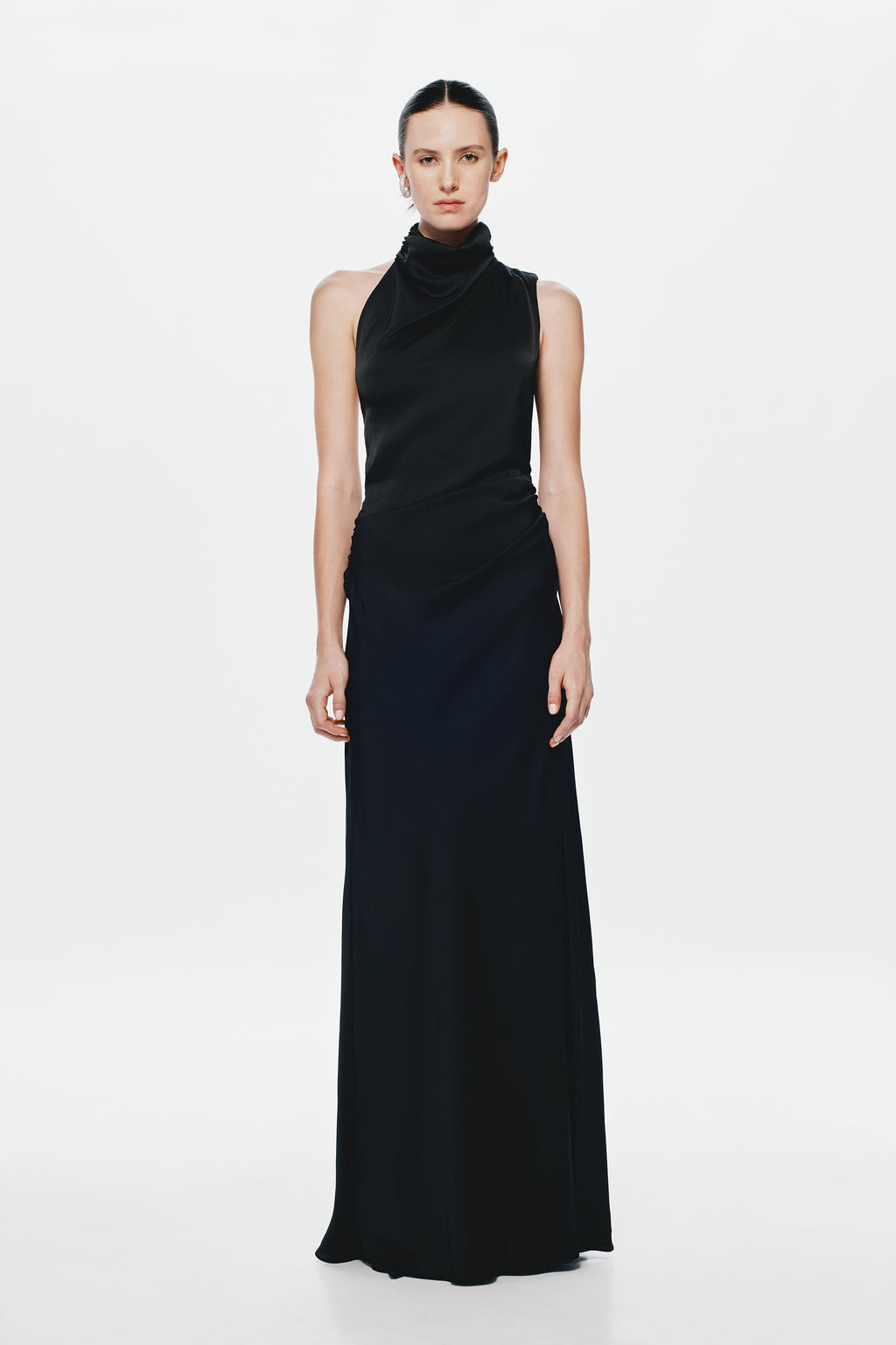 Black satin sleeveless maxi dress with high draped collar and fitted column silhouette
