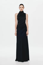 Black satin sleeveless maxi dress with high draped collar and fitted column silhouette