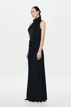 Black satin sleeveless maxi dress with high neck drape and side ruching detail