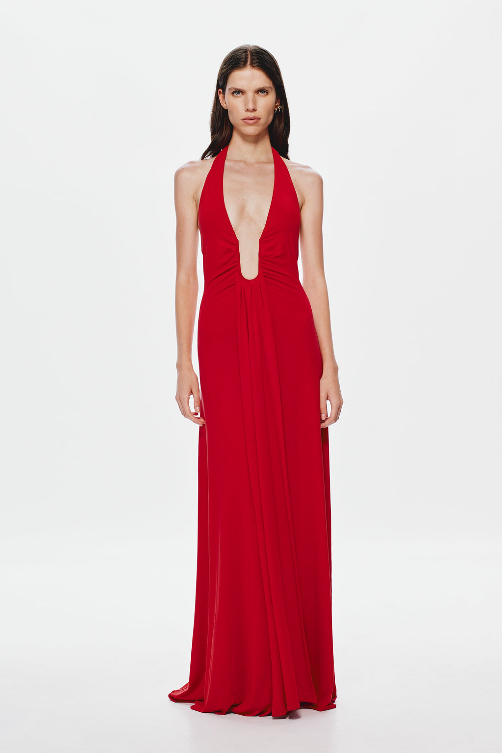 Cherry red sleeveless halter cupro dress with keyhole V neckline and long skirt