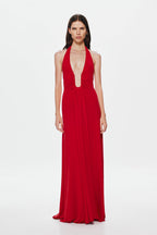 Cherry red sleeveless halter cupro dress with keyhole V neckline and long skirt