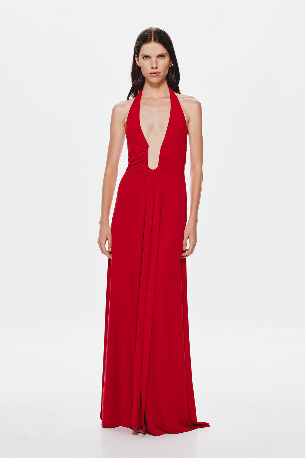 Cherry red halter cupro dress with plunging V neckline and gathered waist detail