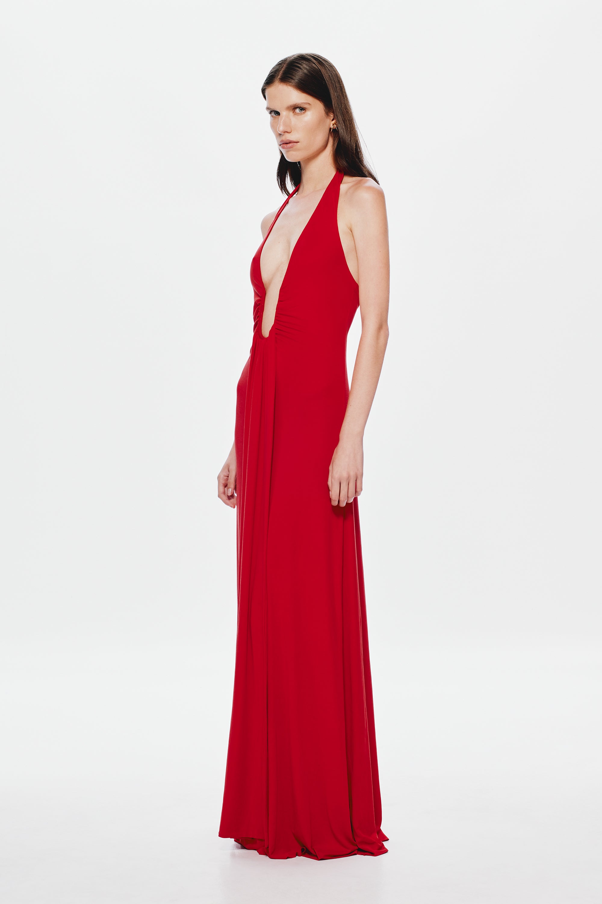 Cherry red halter cupro dress with deep V front and flowing floor-length skirt