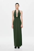 Moss green halter maxi dress with keyhole cutout and sleeveless bodice