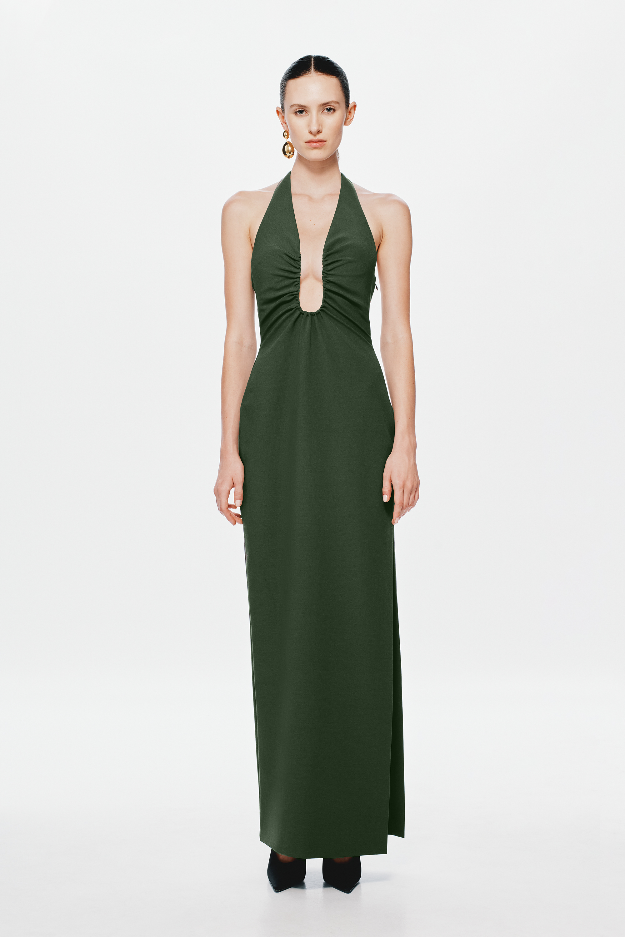 Moss green halter maxi dress with keyhole cutout and sleeveless bodice