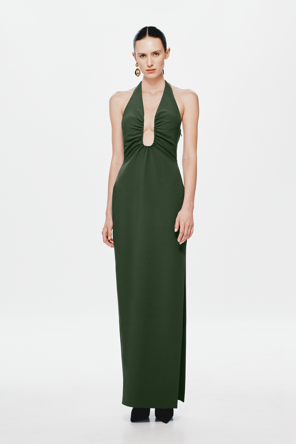 Moss green halter column maxi dress with keyhole neckline and straight skirt