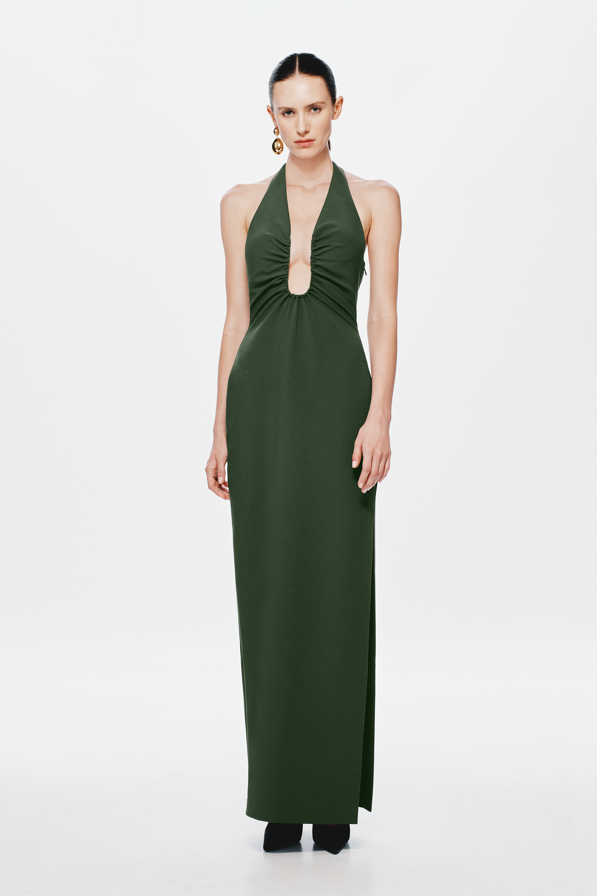 Moss green halter column maxi dress with keyhole neckline and straight skirt