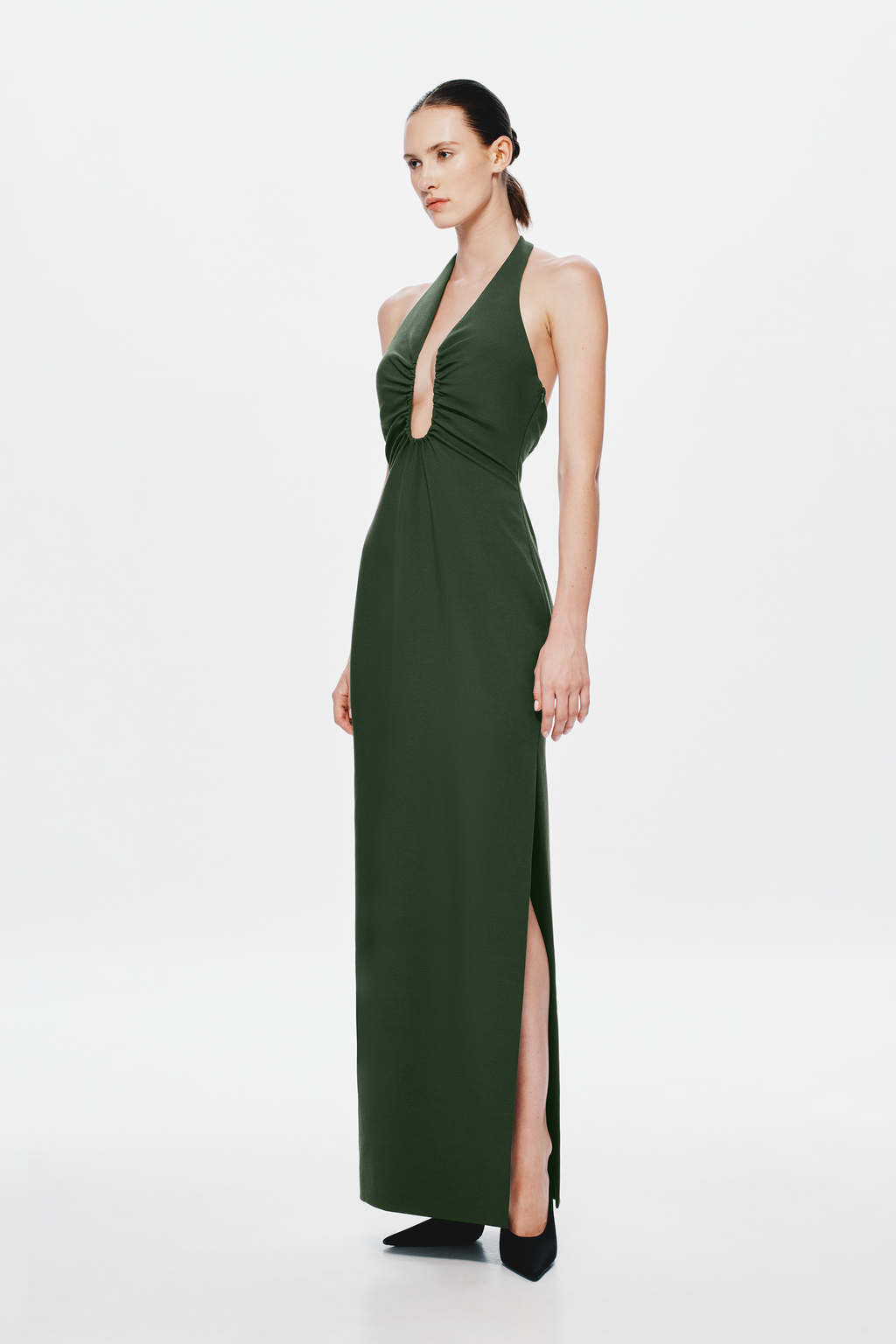 Moss green halter maxi dress with keyhole neckline and front slit