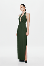 Moss green halter maxi dress with keyhole neckline and front slit