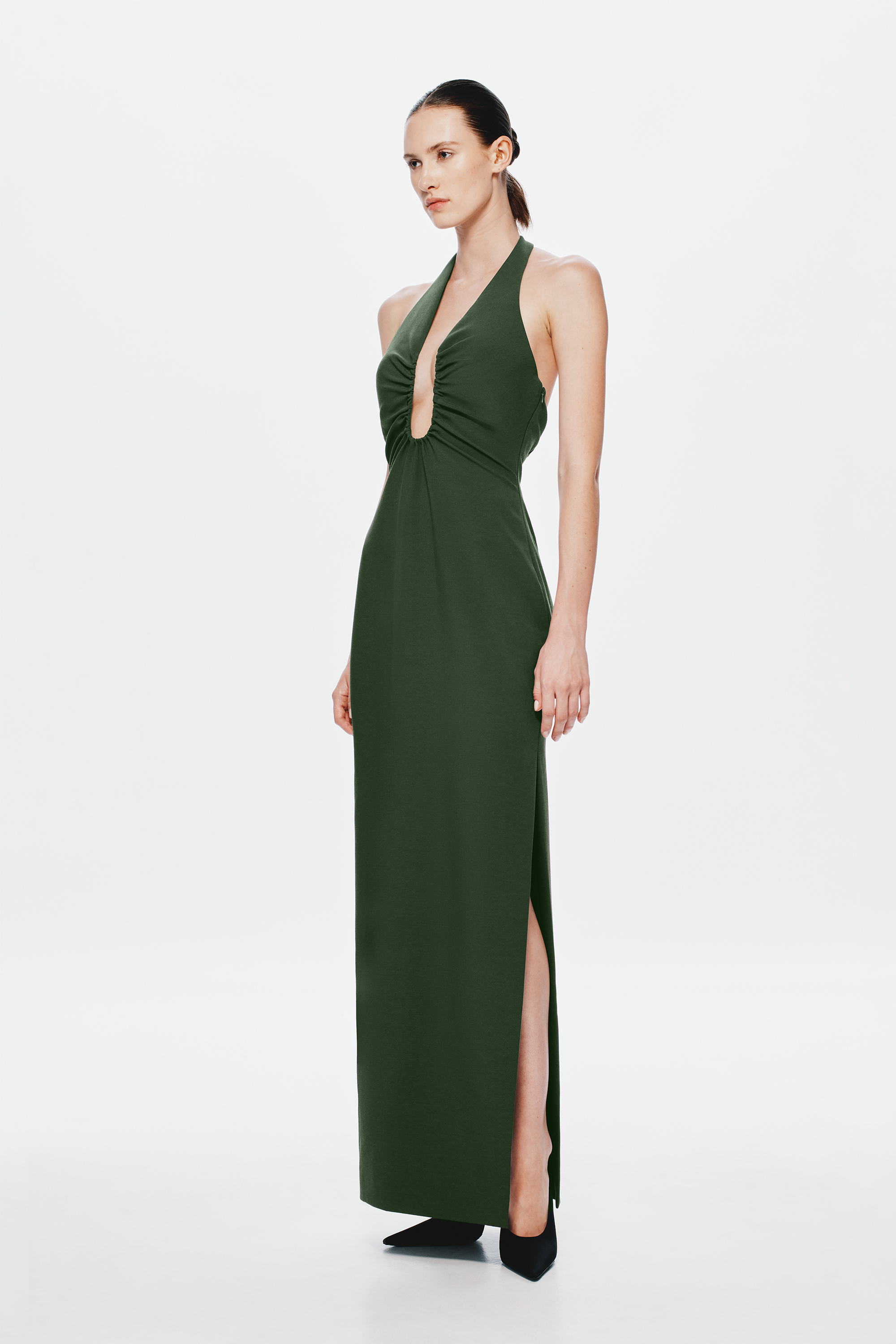 Moss green halter maxi dress with keyhole neckline and front slit