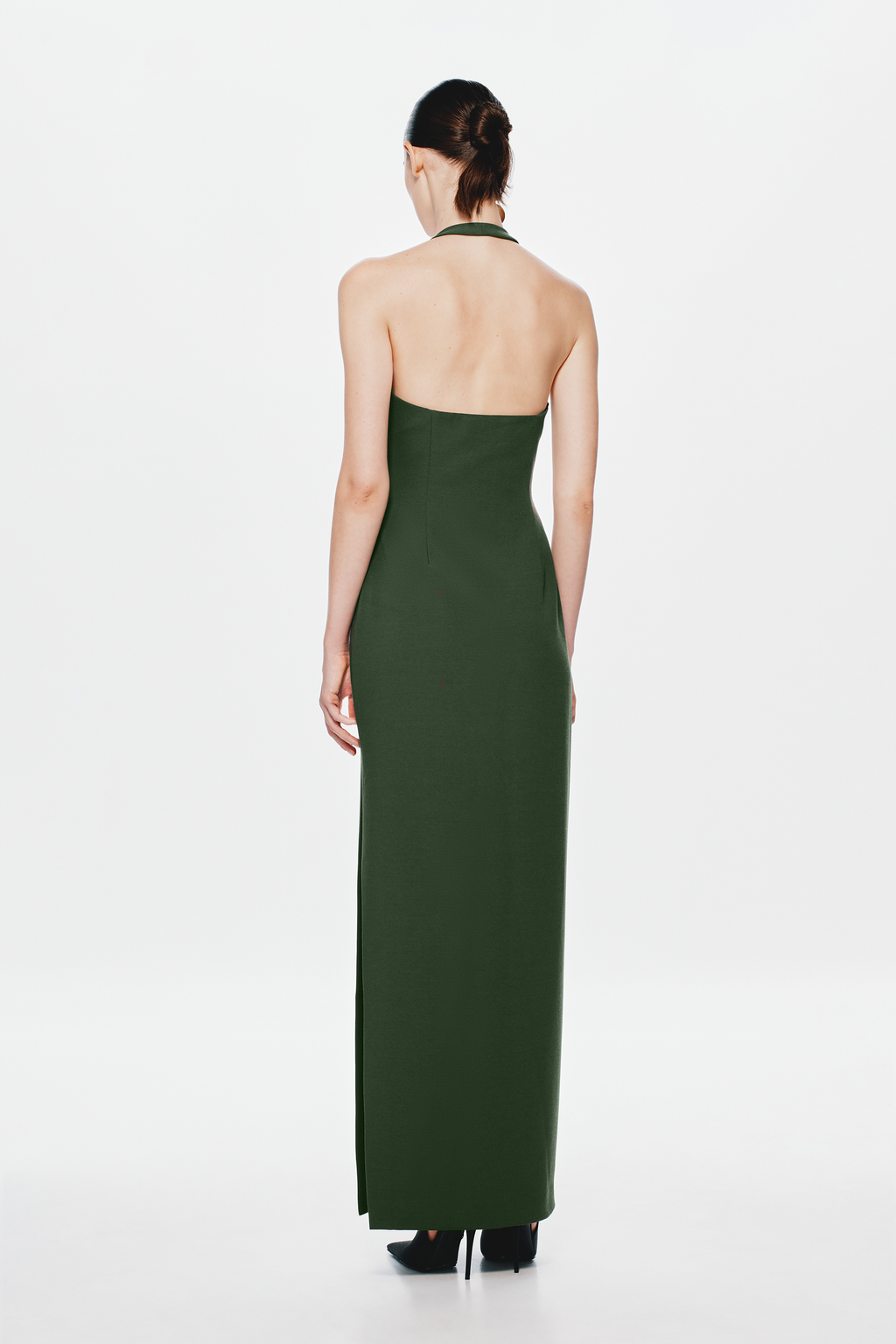 Moss green halter maxi dress, open back with long column silhouette