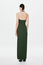 Moss green halter maxi dress, open back with long column silhouette