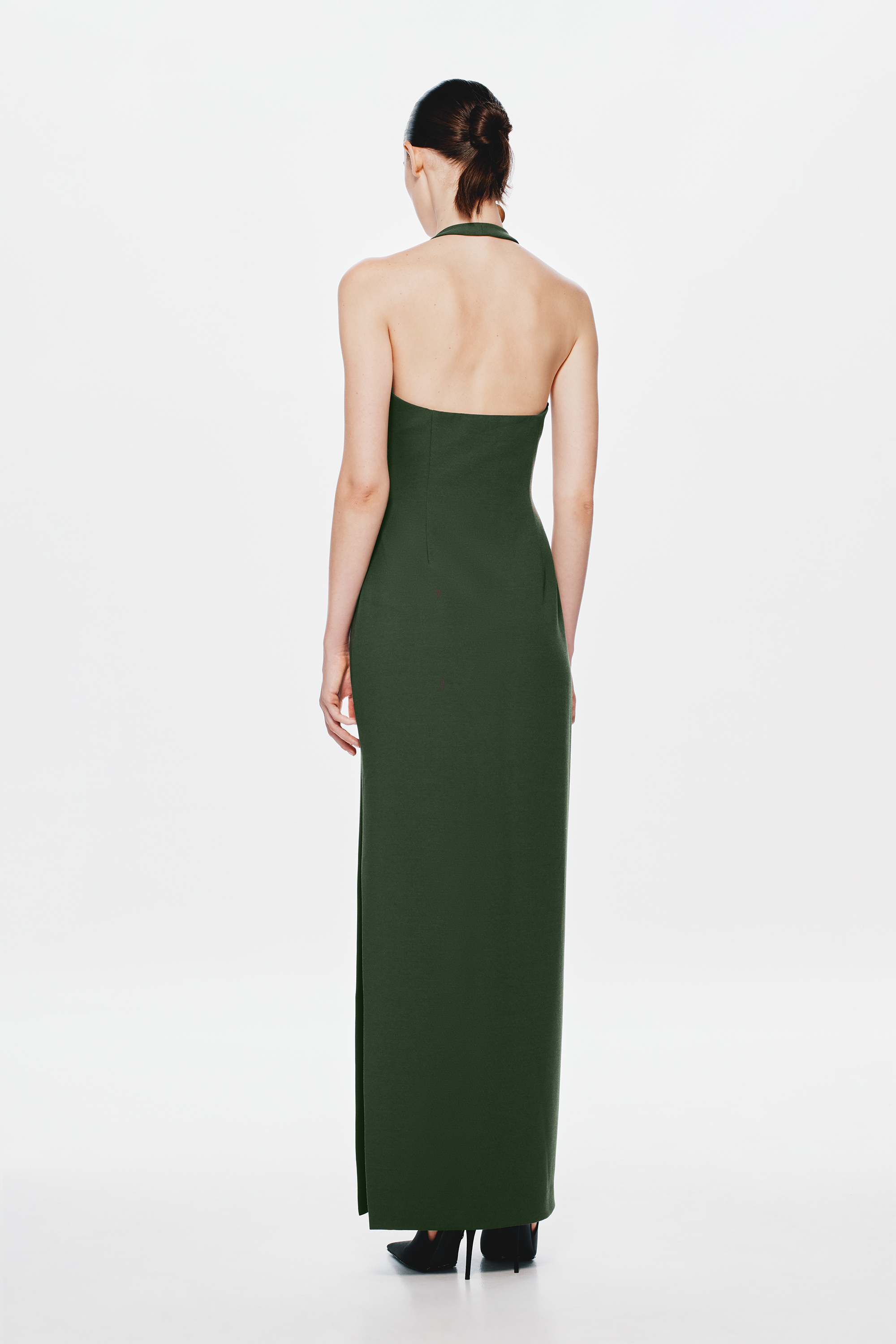 Moss green halter maxi dress, open back with long column silhouette
