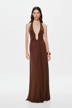 Cedar halter maxi cupro dress with deep V neckline and draped ruching