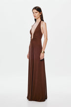 Cedar halter maxi dress with V front and side drape