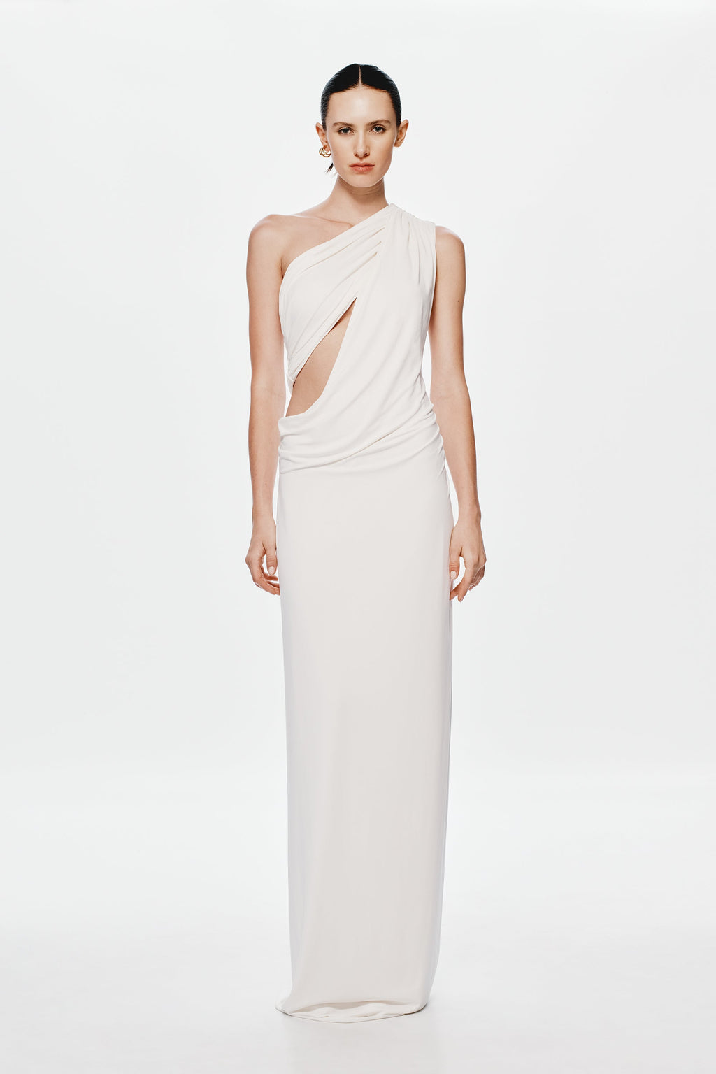 Ivory cupro maxi dress with draped one-shoulder neckline