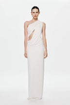 Ivory cupro maxi dress with draped one-shoulder neckline