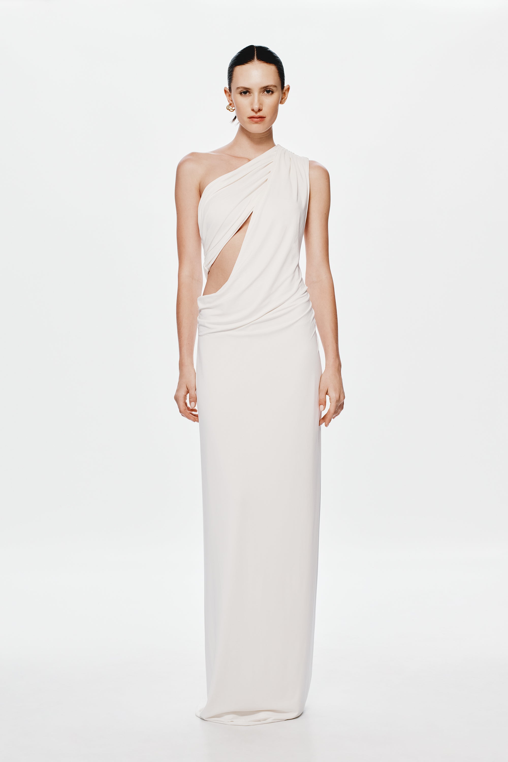 Ivory cupro maxi dress with draped one-shoulder neckline