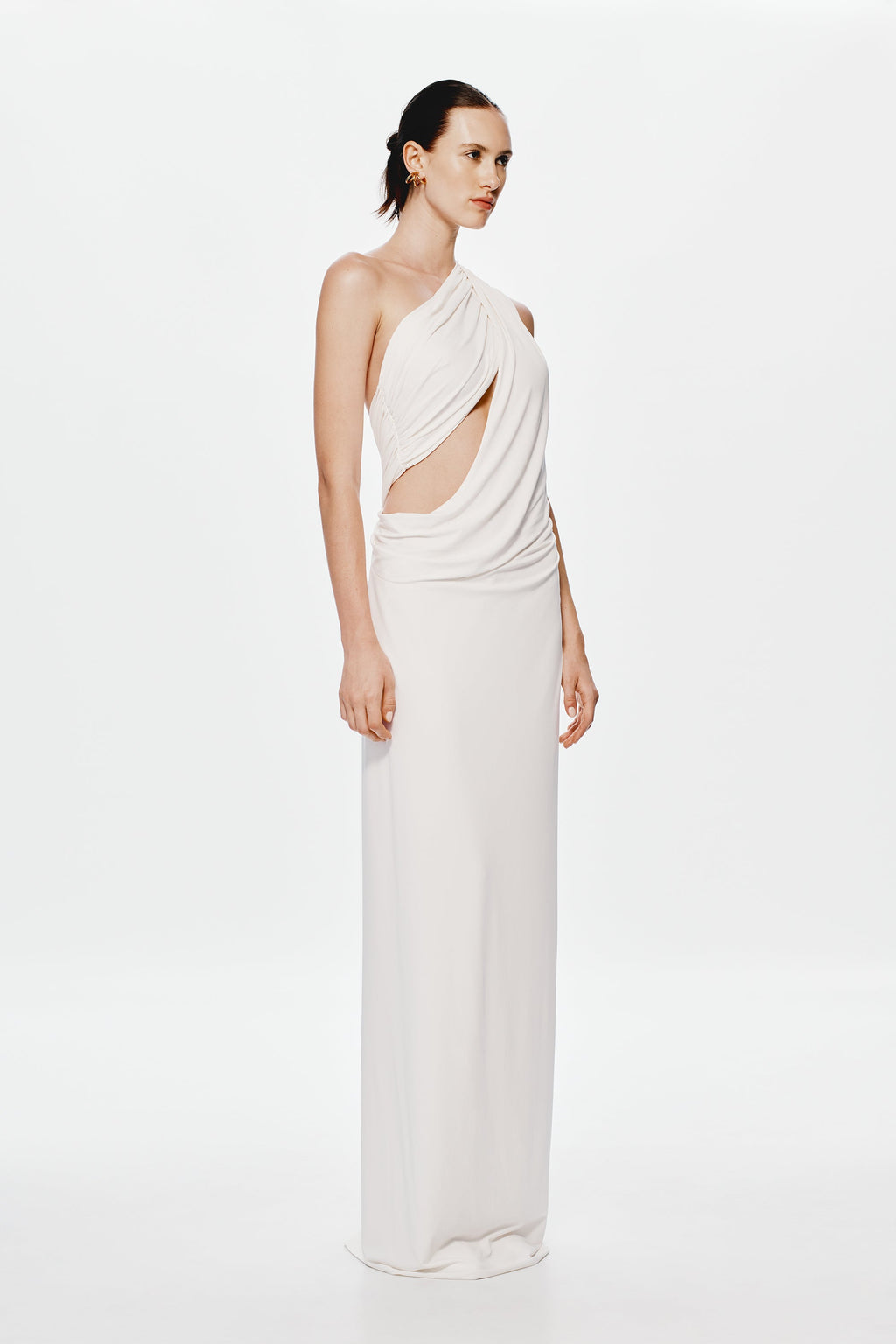 Ivory cupro maxi dress with asymmetric draped bodice