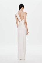 Ivory cupro maxi dress with open back and diagonal drape