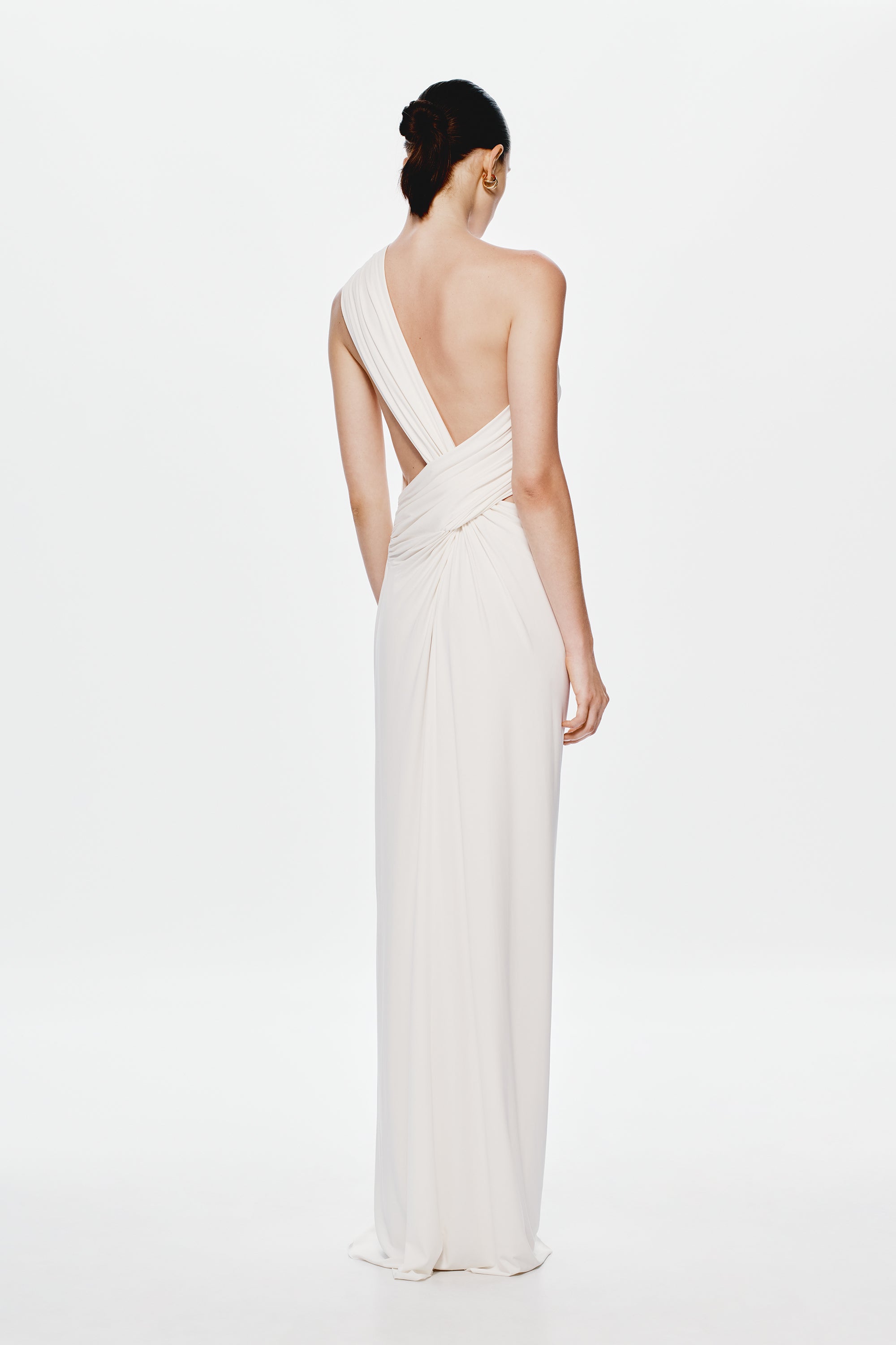 Ivory cupro maxi dress with open back and diagonal drape