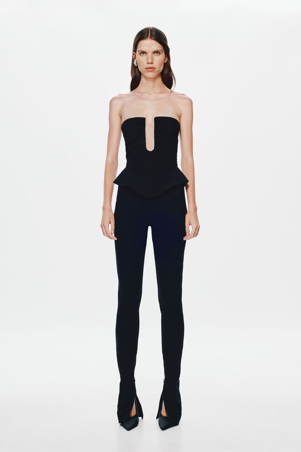 Black strapless corset top with keyhole neckline and peplum waist