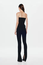 Black strapless corset top with corset seams and back panel stitching