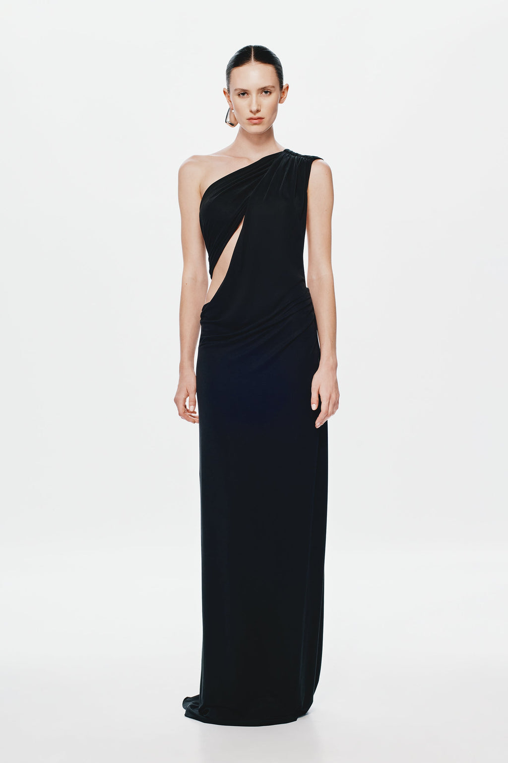 Black one-shoulder asymmetrical drape maxi dress, sleeveless column silhouette