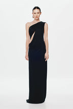 Black one-shoulder asymmetrical drape maxi dress, sleeveless column silhouette