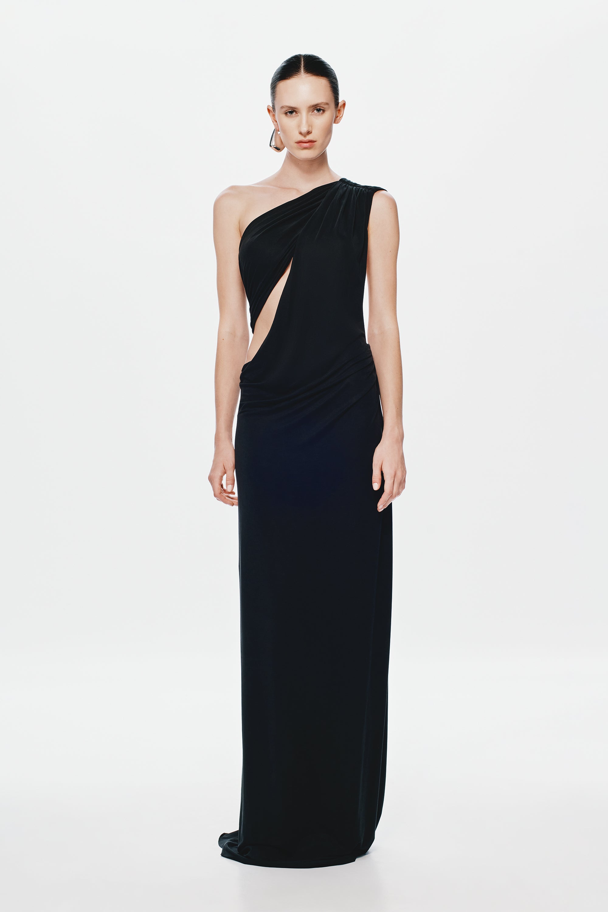 Black one-shoulder asymmetrical drape maxi dress, sleeveless column silhouette