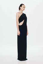 Black asymmetrical one-shoulder maxi dress with draped neckline, fitted column