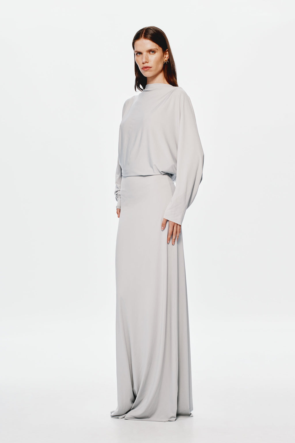 Grey jersey maxi dress, long sleeves with draped high neckline and slim column fit
