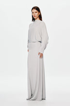 Grey jersey maxi dress, long sleeves with draped high neckline and slim column fit