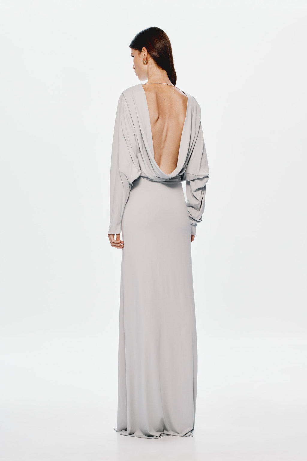 Grey jersey maxi dress, open back with draped knot detail and long sleeves