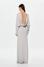Grey jersey maxi dress, open back with draped knot detail and long sleeves