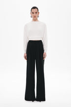 Black high-waisted wide-leg suiting pants with straight front, belt loops