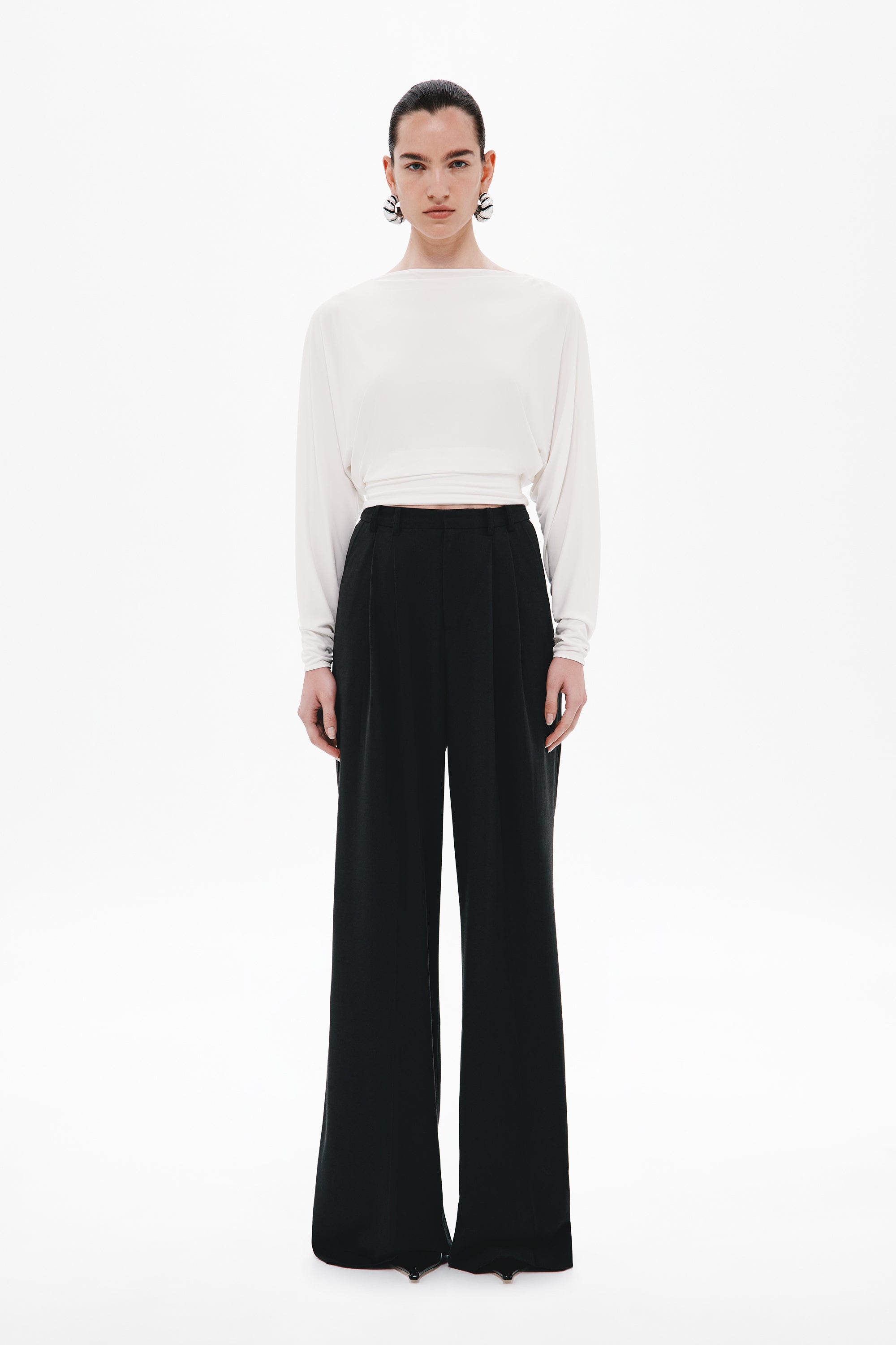 Black high-waisted wide-leg suiting pants with straight front, belt loops