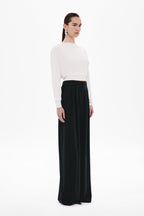 Black high-waisted wide-leg suiting pants, smooth drape, full-length