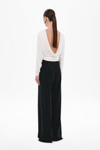 Back view: Black high-waisted wide-leg suiting pants with clean seams