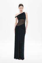 Black one-shoulder mesh maxi dress with diagonal drape and sheer midsection