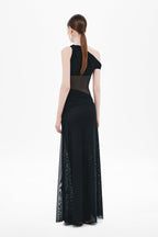 Black backless one-shoulder mesh maxi dress with open back and draped waist