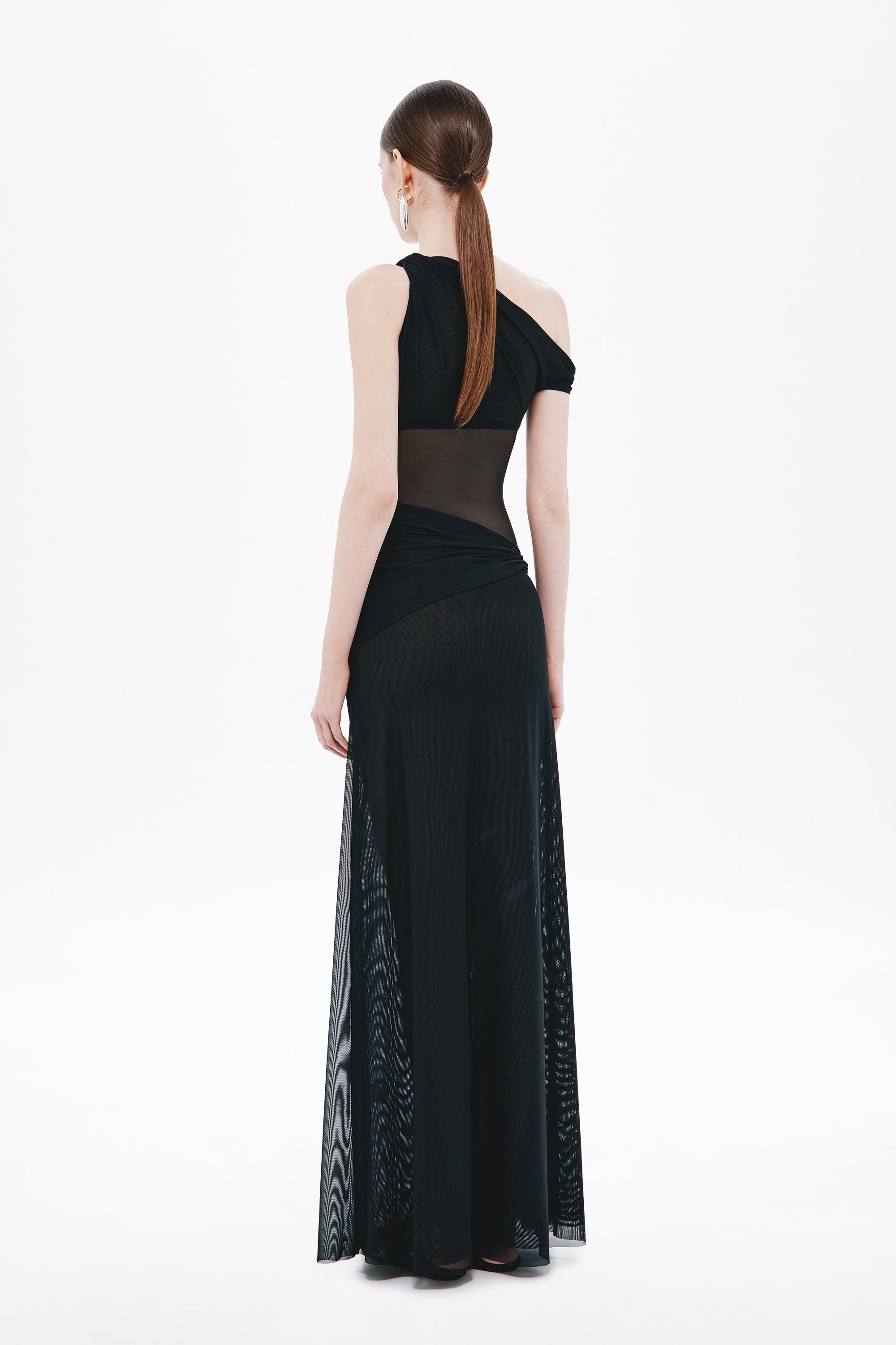 Black backless one-shoulder mesh maxi dress with open back and draped waist