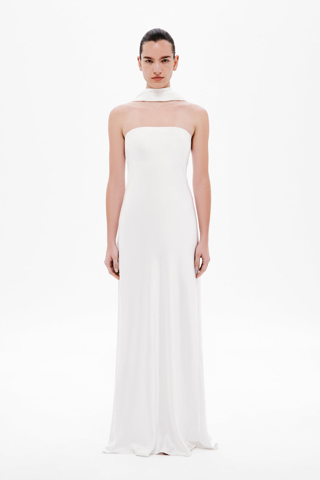 Ivory satin strapless column dress with bandeau neckline