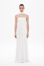 Ivory satin strapless column dress with bandeau neckline