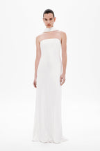 Ivory satin strapless maxi dress with smooth column skirt