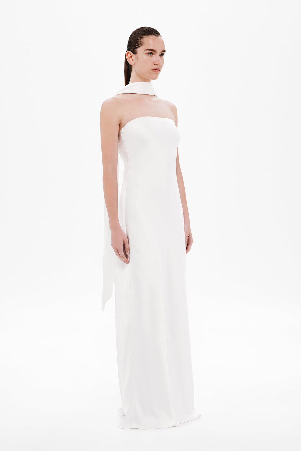 Ivory satin strapless column dress with satin choker neckline