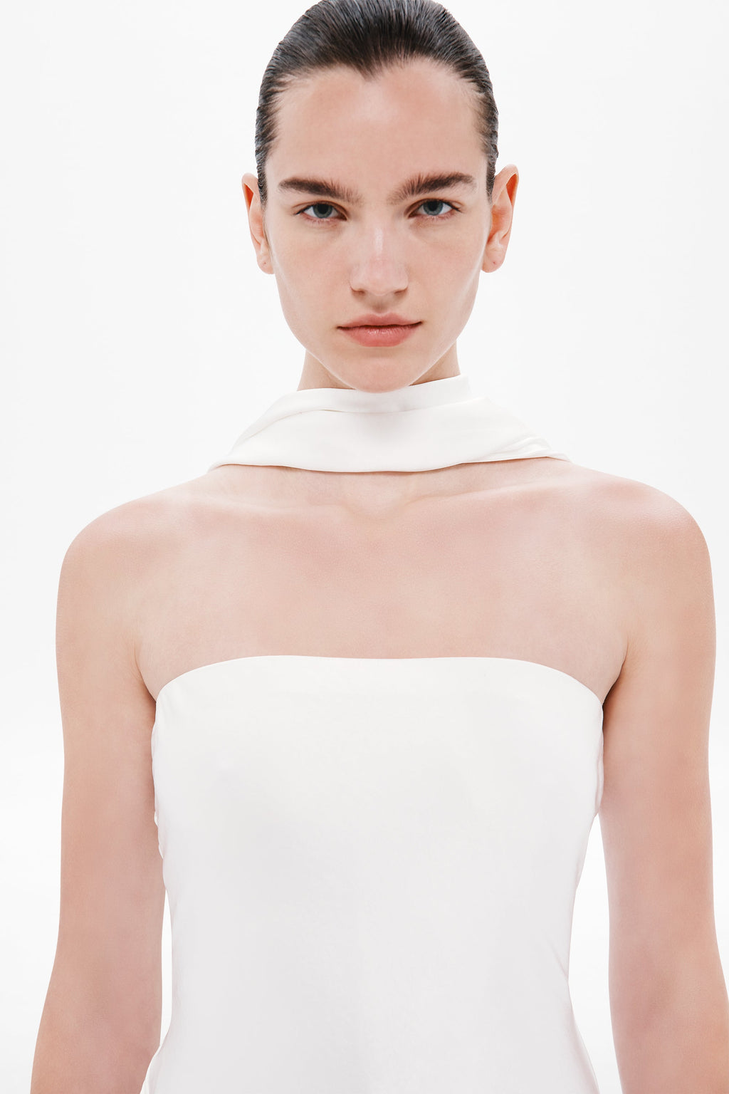 Ivory satin strapless bodice with wide bandeau and satin choker collar
